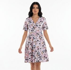 Lindy Bop Dahlia Pink Miami Novelty Print Wrap Swing Dress Size 10 box23
